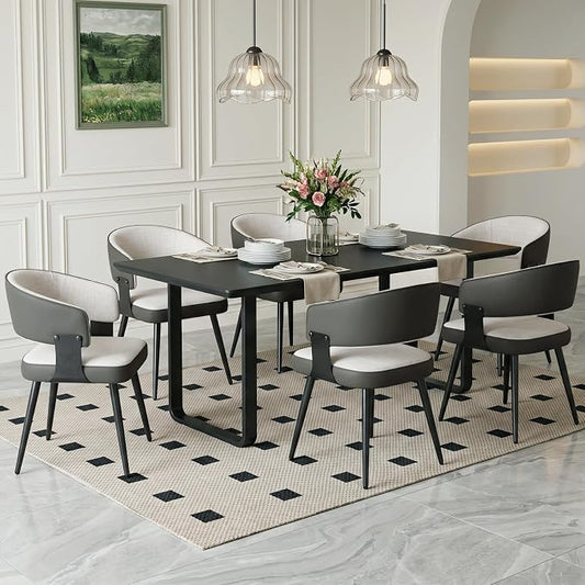 Dining Chairs Set of 6, Modern Upholstered Kitchen & Dining Room Chairs with Breathable Woven Fabric and Faux Leather Accents, Curved Open Back & Metal Legs (Beige Woven, Set of 6)