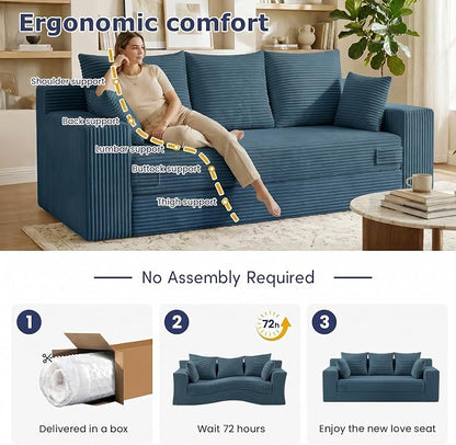 Boneless Couch for Living Room, 3 Seater Convertible Futon Sofa Bed Comfy Pull Out Couch with 5 Pillows & Detachable Washable Cover, Upholstered Floor Sofa in A Box, No Assembly Required, Blue