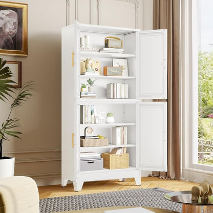 winiowa 75" Tall Kitchen Pantry Cabinet, Metal Storage Cabinet with Doors and Adjustable Shelves, White Freestanding Pantry Cabinet for Kitchen, Dining Room, Living Room, Laundry Room, Bathroom
