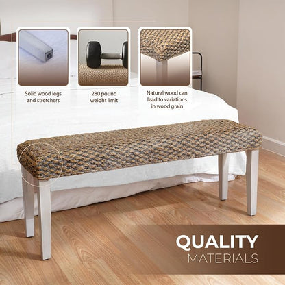 Solid Wood Acacia Indoor Bench with Natural Woven Water Hyacinth Seat, Wood Bench for Living Room or Entryway, Vintage Bench, Fishbone Style, Plait Style with Grey Leg