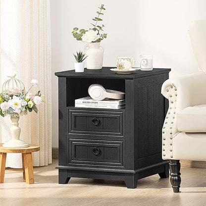 Joaxswe 18" Farmhouse Night Stand with Charging Station, 2 Drawers End Table Dresser for Bedroom, Black Wooden Nightstand, Bed Side Table with Open Shelf, Bedside Cabinet for Living Room, Closet