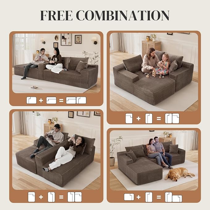 108" L Shaped Cloud Boneless Sectional Couches for Living Room, Modern Comfy Modular Deep Seat Memory Foam Compressed Corduroy Sofa Oversized Left Facing Chaise, No Assembly Required, Brown