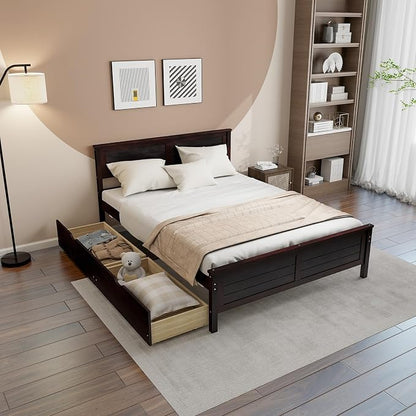 KOMFOTT Full Size Wood Bed Frame with 2 Storage Drawers, Mid Century Platform Bed Frame with Headboard, Sturdy Wooden Slats Support, Modern Mattress Foundation, No Box Spring Required, Easy Assembly