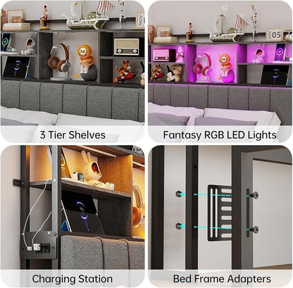 54.8" Tall King Size Headboard with 3-Tier Storage Shelves, Linen Upholstered Head Board with USB & Type C Port & LED Light, Soft Backrest for King Size Bed,Sturdy Headboard Only