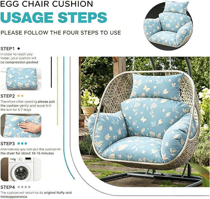 Egg Chair Cushion Replacement, Waterproof Thicken Hanging Egg Swing Chair Cushion for Outdoor Furniture, Wicker Rattan Hammock Basket Cushion with Headrest Pillow 47x31.5x4.7 inch(Blue Butterfly)