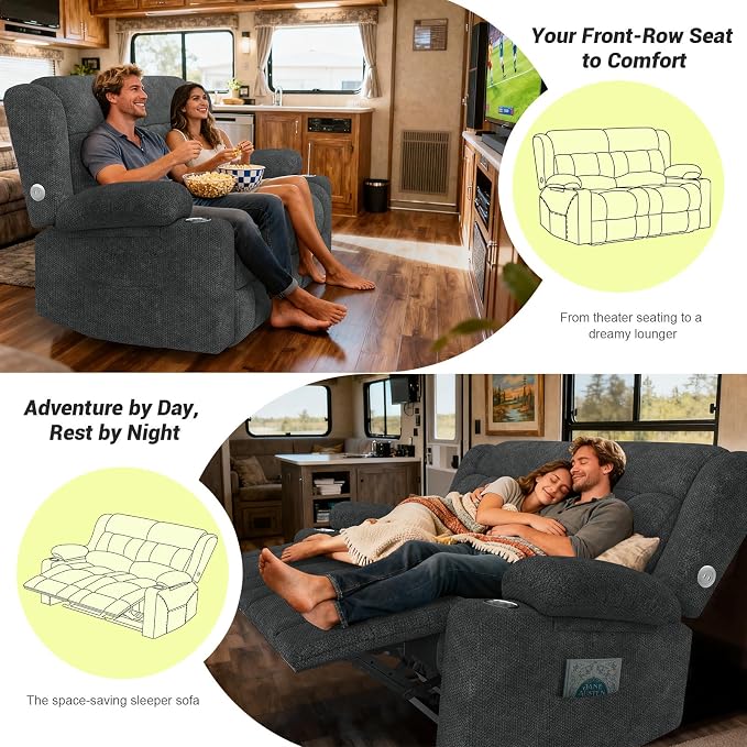 RV Loveseat Recliner Sofa, Reclining Loveseat Home Theater Seating with USB Ports, Cup Holders, Insert Pockets, Wall Hugger RV Recliners for Movie Room, Recline Movie Seats Gaming Sofa, Gray