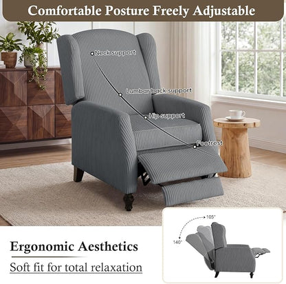 Upholstered Wingback Recliner Chair, Cozy Corduroy Manual Push Back Recliner for Living Room, Bedroom (1, Gray)