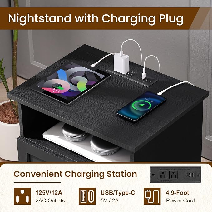 20-Inch Wide Modern Nightstands Set of 2 with Charging Station & Outlets, Bedside Tables with 2 Drawers and Open Shelf, Sleek Design End Tables for Bedroom and Office, Black