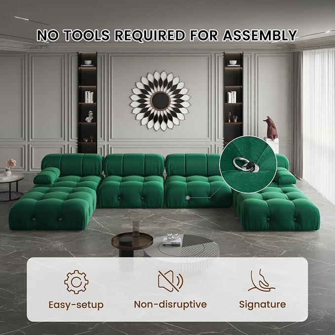 138" Convertible Modular Sectional Sofa, U-Shaped Velvet Sectional Couch with Chaise Ottomans, Minimalist Modern 6 Seat Sofas for Living Room Bedroom Office Apartment (Green)