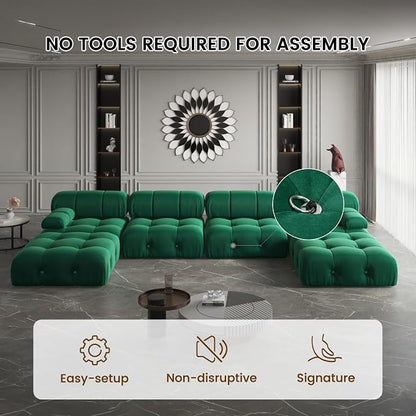 138" Convertible Modular Sectional Sofa, U-Shaped Velvet Sectional Couch with Chaise Ottomans, Minimalist Modern 6 Seat Sofas for Living Room Bedroom Office Apartment (Green)