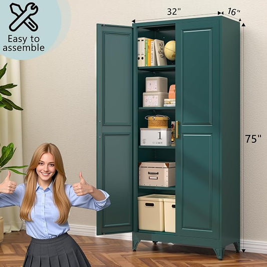 75” Metal Tall Kitchen Pantry Cabinet,Metal Storage Cabinet with Doors and Adjustable Shelves,Modern Kitchen Hutch Cabinets,Freestanding Cupboard for Office Living Room