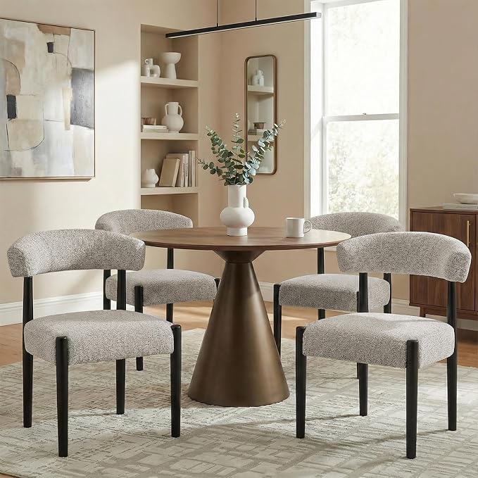 VKNOW Wooden Dining Chairs Set of 2 with Black Rubberwood Legs, Brown | Soft Chenille Fabric, Curved Open Back, Thickened Cushion, For Adults and Family, Dining Room, Kitchen, No Wobble