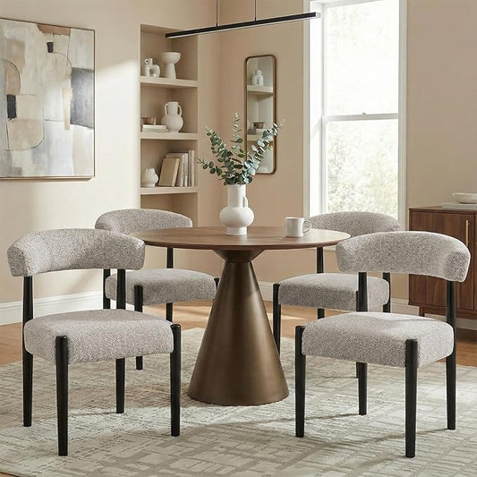 VKNOW Wooden Dining Chairs Set of 4 with Black Rubberwood Legs, Brown | Soft Chenille Fabric, Curved Open Back, Thickened Cushion, For Adults and Family, Dining Room, Kitchen, No Wobble