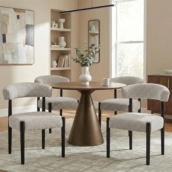 VKNOW Wooden Dining Chairs Set of 6 with Black Rubberwood Legs, Brown | Soft Chenille Fabric, Curved Open Back, Thickened Cushion, For Adults and Family, Dining Room, Kitchen, No Wobble
