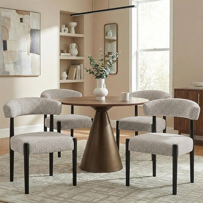 VKNOW Wooden Dining Chairs Set of 6 with Black Rubberwood Legs, Brown | Soft Chenille Fabric, Curved Open Back, Thickened Cushion, For Adults and Family, Dining Room, Kitchen, No Wobble