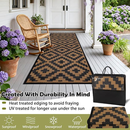 SAND MINE Reversible Mats, Plastic Straw Rug, Modern Area Rug, Large Floor Mat and Rug for Outdoors, RV, Patio, Backyard, Deck, Picnic, Beach, Trailer, Camping, Black & Brown, 2.5' x 8'