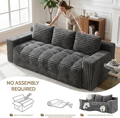 70” Boneless Couch, 3 Seater Sofa Couch with Extra Deep Seats 3 Pillows,Corduroy Modern Small Couch for Living Room, Office, Bedroom, Apartment,Grey
