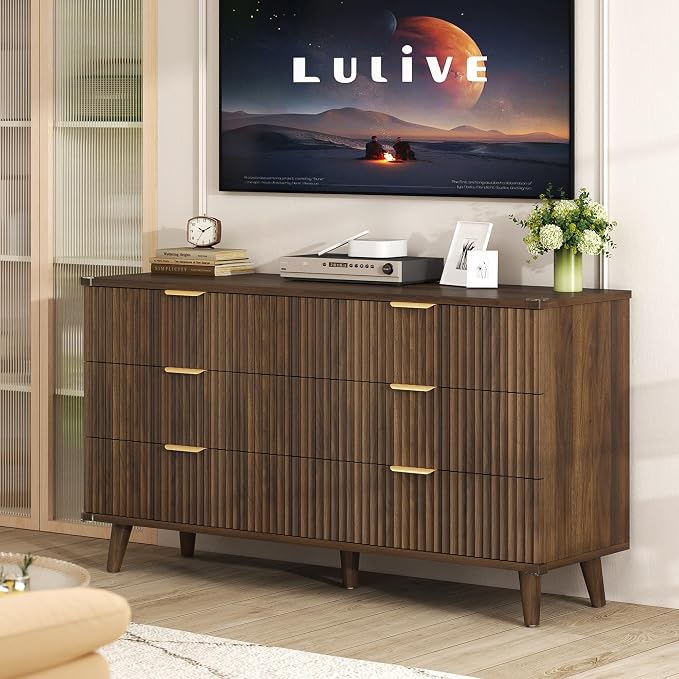 Lulive Modern Dressers and Nightstands Set 4-Piece, 2 Night Stands + 6-Drawer Dresser + 5 Drawers with Charging Station Modern Bedroom Sets Solid Wood Legs Walnut