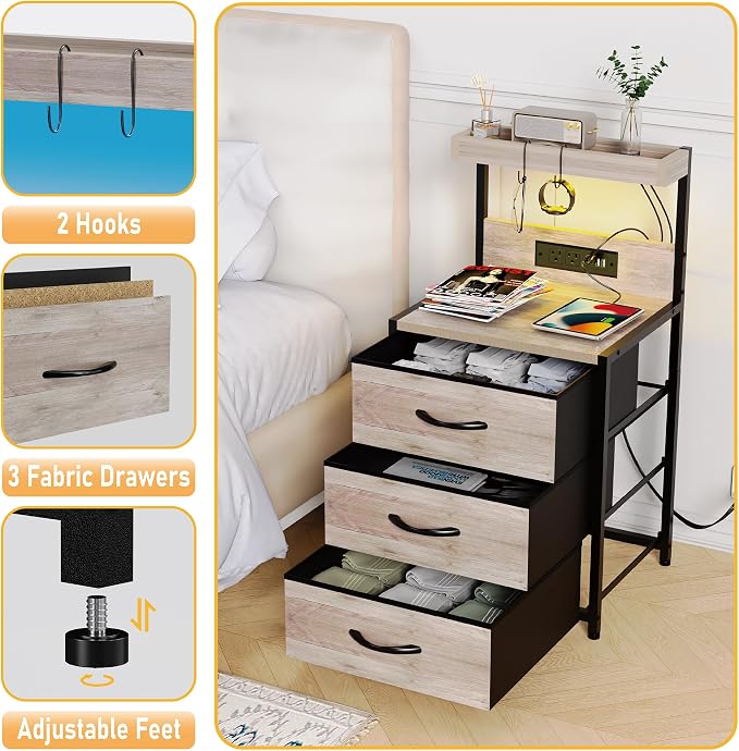 SZLHANJZ Night Stand Set 2 with LED Lights for Bedroom, Bedside Nightstands with Power Outlet and Type C Port, Matching Tables with 3 Fabric Drawers, Hooks, and Shelves, Greige