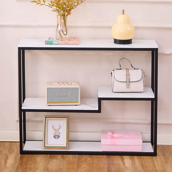 loglus Console Table for Entryway, Faux Marble MDF Sofa Table with Golden Frame, Multilayer, Black Frame, 9.45" D x 38.18" W x 31.22" H