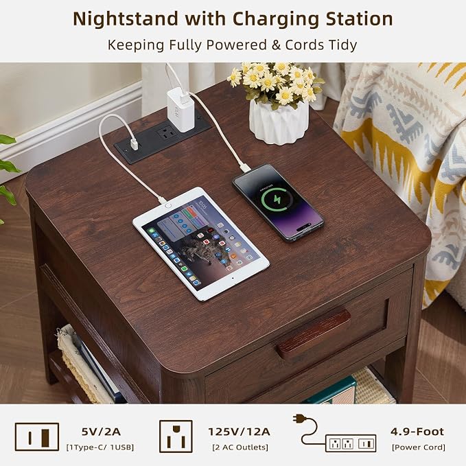 Joaxswe Farmhouse Night Stand with Charging Station, Wood Bed Side Table with Drawer & Open Storage Shelf for Bedroom, Walnut