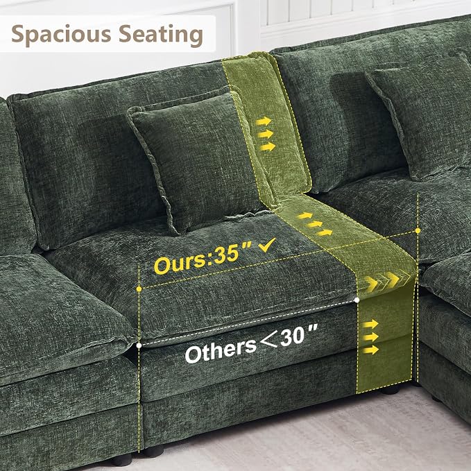 147" Modular Sectional Sofa, Oversized U Shaped Sectionals Cloud Couch, Big Comfy Couch with 2 Ottomans, 6 Seater Chenille Sectional Sofa with Deep Seat and 6 Pillows for Living Room- Green