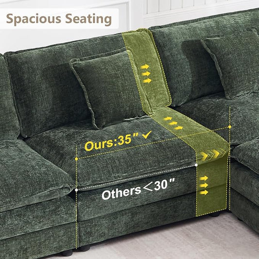 147" Modular Sectional Sofa, Oversized U Shaped Sectionals Cloud Couch, Big Comfy Couch with 2 Ottomans, 6 Seater Chenille Sectional Sofa with Deep Seat and 6 Pillows for Living Room- Green