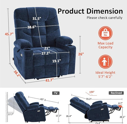 MCombo Oversized Power Lift Recliner Chair with Extended Footrest, Extra Wide for Big and Tall Elderly People, Fabric R7399 (Navy Blue, Large-Wide)