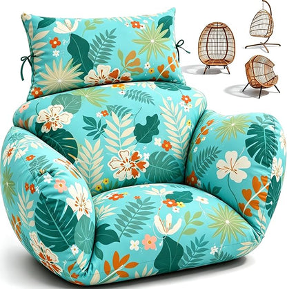 Waterproof Egg Chair Cushion Replacement 47x31.5x4.7 inch Thicken Hanging Egg Swing Chair Cushion Indoor Outdoor Wicker Rattan Hammock Basket Cushion with Headrest Pillow, Teal Floral Leaves