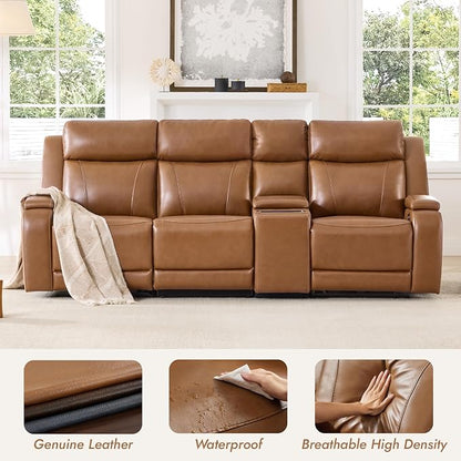 Watson & Whitely Genuine Leather Power Recliner Sofa with Console, 3 Seater Zero Gravity Reclining Sofa with Power Headrest & Flip Middle Backrest Table, Cup Holders for Living Room, Saddle Brown