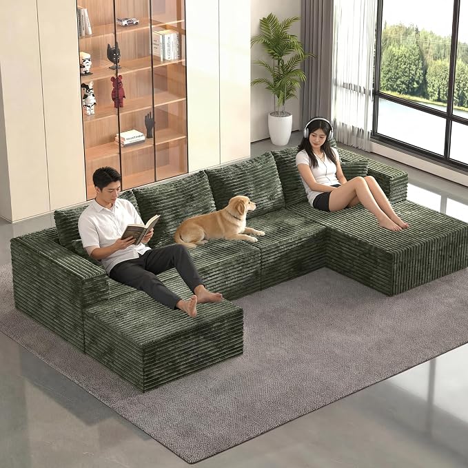 118" Modular Sectional Sofa with Chaise and Ottoman, Oversized U-Shaped Corduroy Cloud Couch, Deep Seat Boneless Couch for Living Room, No-Assembly - Green (Right Facing Chaise)