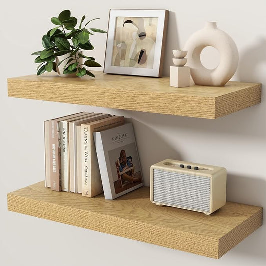 Floating Shelves for Wall, 24 Inch x 8 Inch Deep Wall Mounted Wood Shelf with Invisible Brackets for Storage & Display, Living Room Bedroom Kitchen, Oak, Set of 2