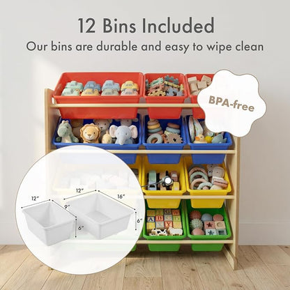 Humble Crew Kids' Toy Storage Organizer with 12 Plastic Bins, Natural/Primary, Model Number: WO560