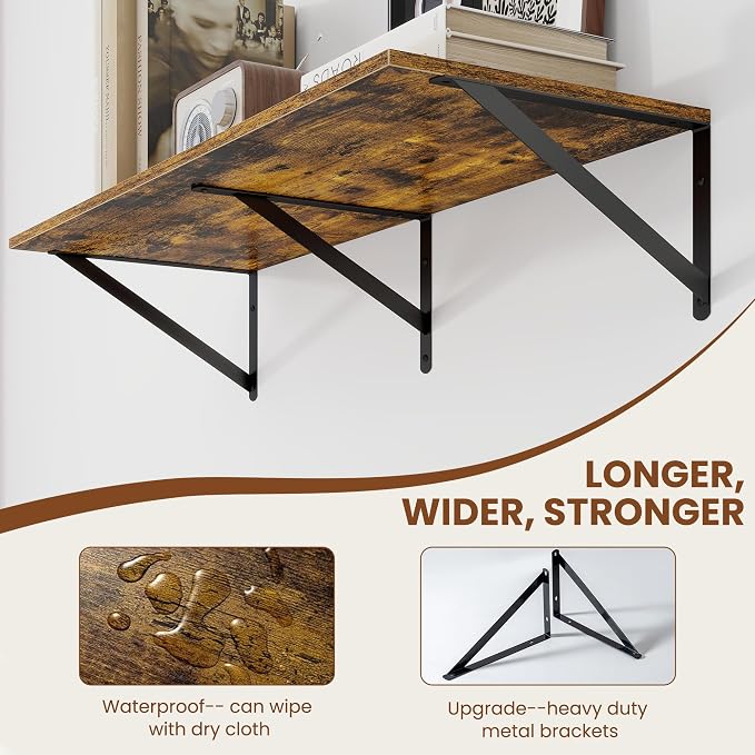Heimlove Deep Floating Shelves for Wall, 32W x 12D Wood Wall Shelves Set of 2, Wide Floating Bookshelf for Living Room, Kitchen, Office, Bedroom and Decor Storage, with Metal Bracket - Rustic Brown