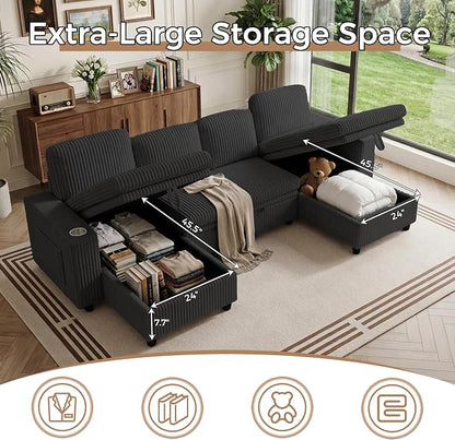 Modular Sectional Sleeper Sofa with Pull Out Bed, Plush Corduroy U Shaped Couch with Storage Chaise, USB Ports, Cup Holders, Comfy Sectional Couches for Living Room, Black