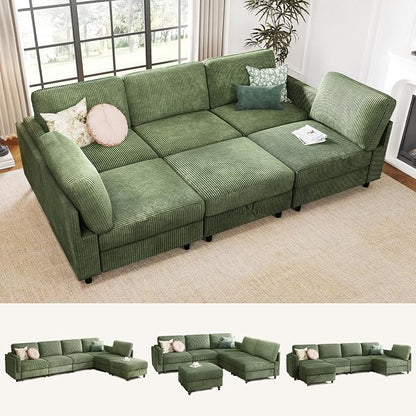 KKL Modular 83'' 6 Seater Sofa Bed - Sectional Sofa with Storage Ottoman, Convertible U/L -Shaped Sleeper Couch for Living Room, Modern Reversible Design, Green