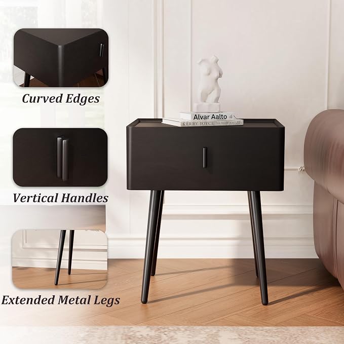 Nightstand Set of 2 with Single Drawer, Leather Side Table, Modern Bedside Table with Metal Legs for Bedroom, Small Accent End Table, Black