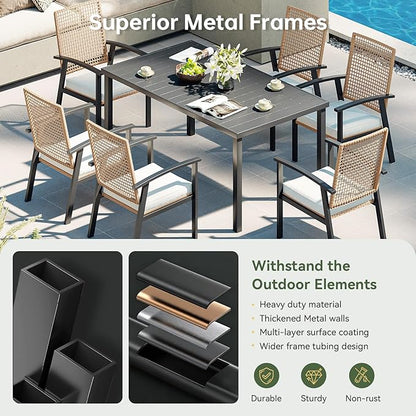 Aoxun 7-Piece Patio Table and Chairs Set for 6 with Umbrella Hole, Outdoor Dining Set with 6 Wicker Chairs and 1 Rectangular Metal Table, Patio Dining Sets with Soft Cushion for Backyard, Garden