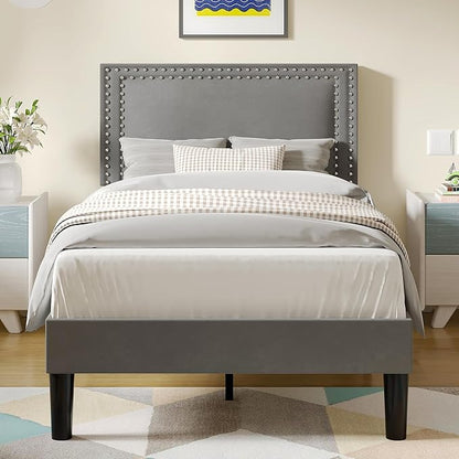 VECELO Twin Size Platform Bed Frame with Height Adjustable Upholstered Headboard, Modern Mattress Foundation,Strong Wood Slat Support, No Box Spring Needed, Easy Assembly, Dark Grey