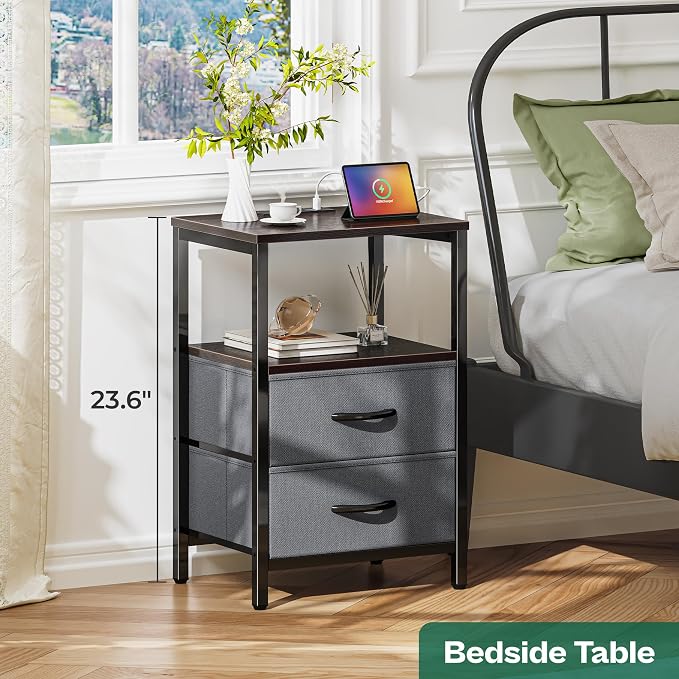 Huuger Nightstand with Charging Station, Fabric Drawers, End Table with Open Shelf, Bedside Table with USB Ports and Outlets, Night Stand for Bedroom, Walnut