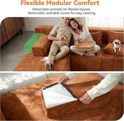 MONVANE 106" Cloud Sectional Couch with L-Shaped Chaise, Modular Sectional Sofa with Deep Seat and Removable Armrests, Comfy Chenille Boneless Couches for Living Room, No Assembly Required, Orange