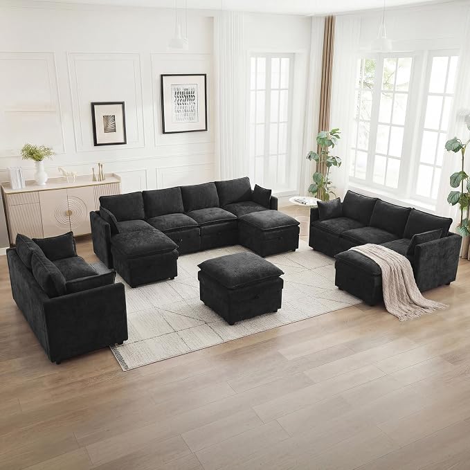 105" Cloud Modular 4 Seater Sofa with 2 Storage Ottoman, Modern Upholstered Sofa Storage Sofa Couch Deep Seat, U Shape Sectional Sofa Chenille Comfy Couch with Armrests for Living Room, Black