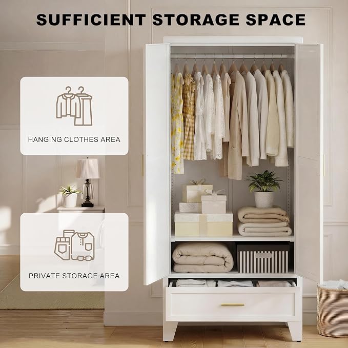 71" H White Closet,Armoire Wardrobe Closet,Metal Wardrobe Closet with Doors and Shelves,Large Wardrobe Closet for Bedroom
