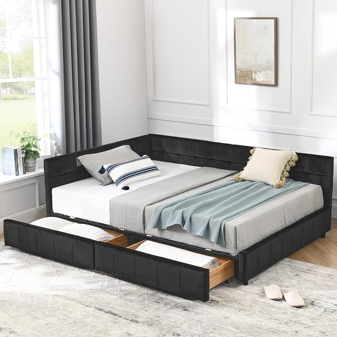 Bellemave Full Size Corner Bed Frame with Storage Drawers, Comfortable Backrest and Armrests, Velvet Tufted Corner Bed Frame Full Size, Upholstered Daybed for Bedroom, Living Room, Guest Room, Black