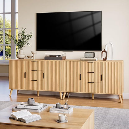 47.2" Fluted Sideboard Buffet Cabinet with 3 Drawers, Modern Sideboard Cabinet with Storage, Large Storage Cabinets with 2 Doors Accent Credenza for Kitchen|Living Room|Entryway, Natural