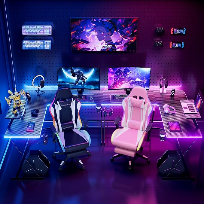 Mr IRONSTONE Gaming Desk with LED Lights and Speakers, L Shaped Desk Corner with Cup Holder & Headphone Hook, Computer Desk Home Office Desks with Monitor Stand, Carbon Fiber Surface, Black 51 Inch