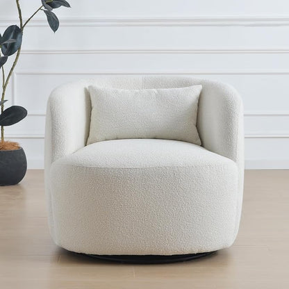 KINWELL 34" Wide Sherpa Swivel Barrel Chair, No Assembly Round Boucle Upholstered Accent Chair Armchair Single Sofa Chair with Toss Pillow for Living Room and Bedroom, Beige