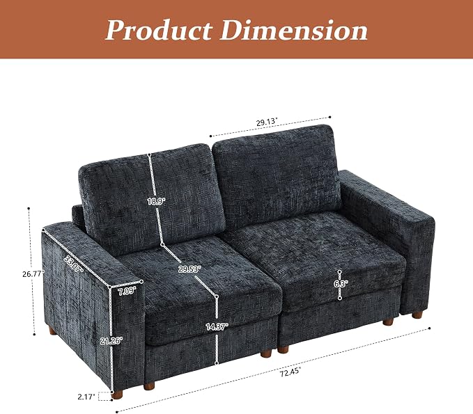 ORRD Comfy Loveset Couch, Chenille 2 Seat Sofa with Pillows, Modern Loveseat Sofa with Storage for Apartment, Living Room, Black Blue