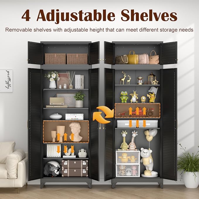 SteeLoong Kitchen Pantry Cabinet,90" Metal Storage Cabinet with Doors and 5 Adjustable Shelves,Black Tall Locker Organizer Steel Garage Cabinets for Tool,File Cabinet for Office,Kitchen,Garage,School