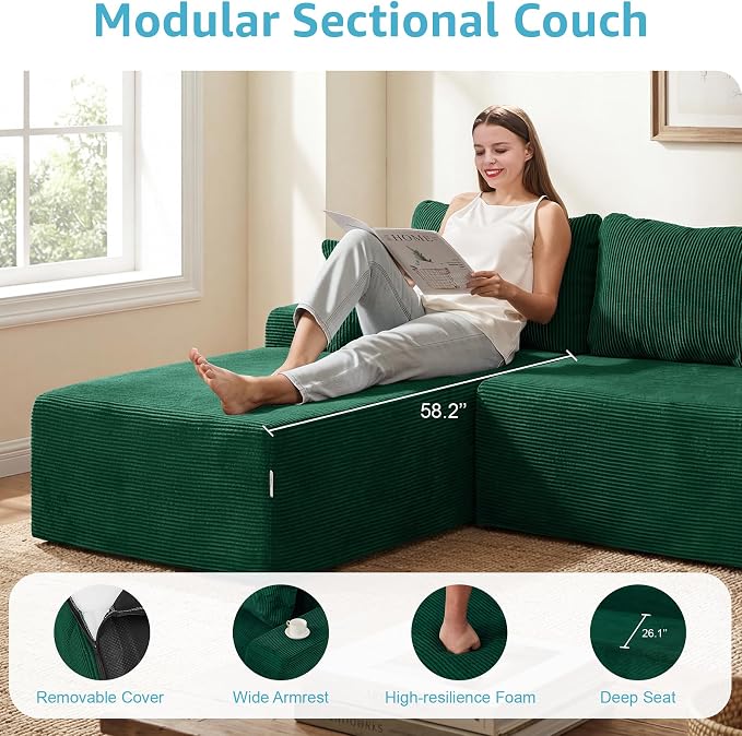 Hobestluk Modular Sectional Sofa Couches L-Shape Couch 3 Seat Modular Sofa Memory Foam Sectional Couches for Living Room, Cloud Couch with Oversized Chaise (Green Corduroy, 96", Left Hand Facing)